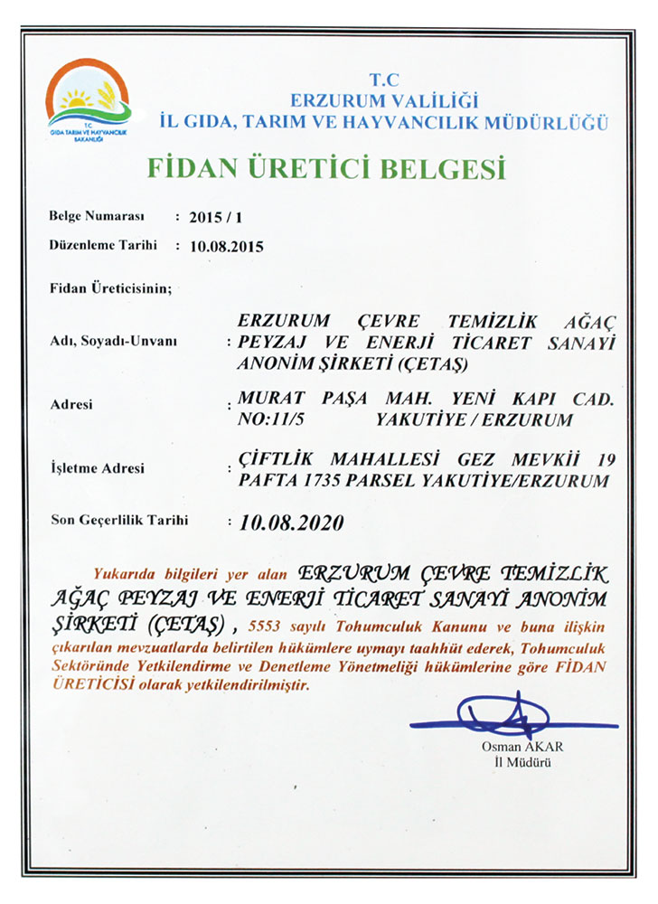 Fidan Üretici Belgesi